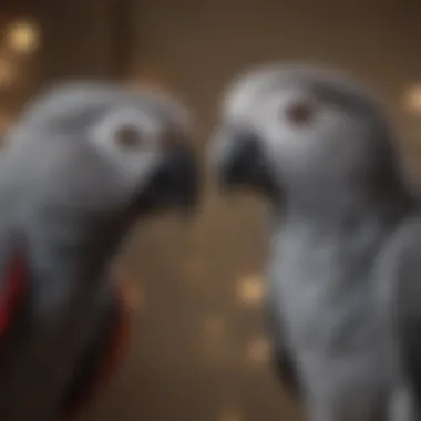 A close-up of an African Grey parrot interacting with its owner, showcasing intelligence and personality