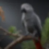 A vibrant African Grey parrot perched on a branch, showcasing its striking feathers