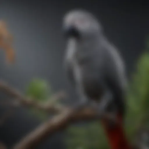 A vibrant African Grey parrot perched on a branch, showcasing its striking feathers