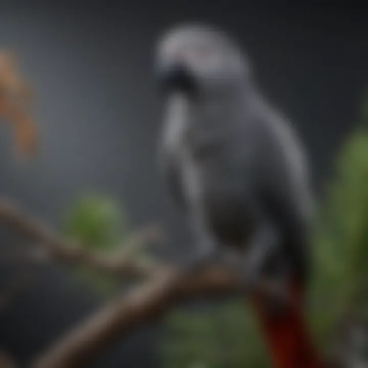 A vibrant African Grey parrot perched on a branch, showcasing its striking feathers