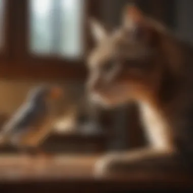 Harmony at Home: Cat and Bird in Peaceful Coexistence A cat and a bird in a calm interaction