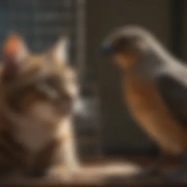 Feline Curiosity: A Cat's Gaze at a Pet Bird A cat observing a bird in a cage