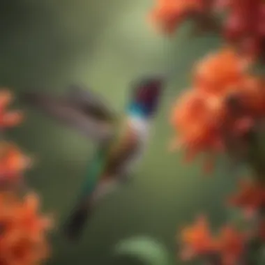 Hummingbird Pollination Dynamics A vibrant hummingbird hovering near a cluster of blooming flowers, illustrating the interaction between pollinators and plants.