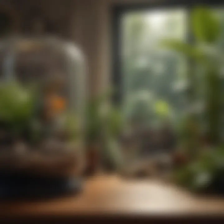 A serene setting featuring a well-arranged terrarium with a variety of reptiles.