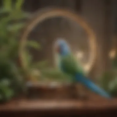 Optimized Parakeet Habitat with Mirror A well-decorated parakeet habitat featuring strategic mirror placement.