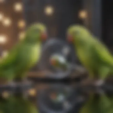 A parakeet interacting with a mirror in its cage, showcasing curiosity and social behavior.