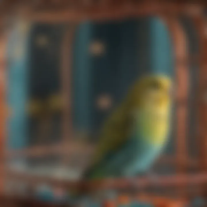 Close-up of a budgerigar in a colorful cage, illustrating care practices