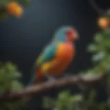 A colorful pet bird perched on a branch, showing signs of health and vitality.