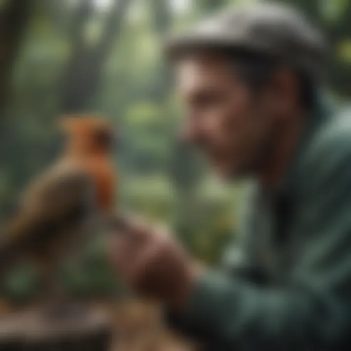 Diverse bird species interacting with a caretaker in a calm setting