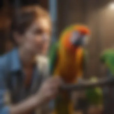 A person gently petting a colorful parrot on a perch