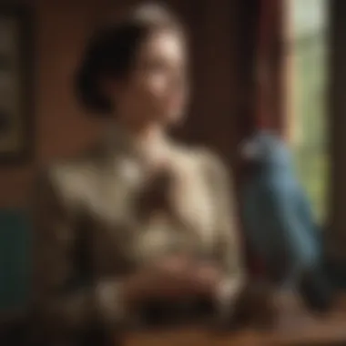 Caring for Victorian Pet Birds An elegant Victorian lady caring for her pet birds with love and attention