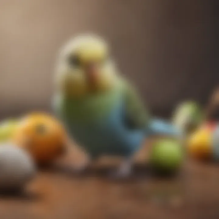 A joyful budgerigar playing with toys