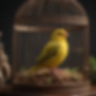 A serene canary in a well-furnished birdcage