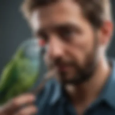 A concerned bird owner examining a sick parakeet