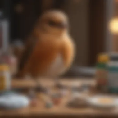 Essential Supplies for Bird Health An array of avian health supplies such as medications and nutritional supplements on a table.