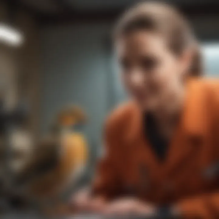 A veterinarian interacting with a bird during a check-up, illustrating professional evaluation.