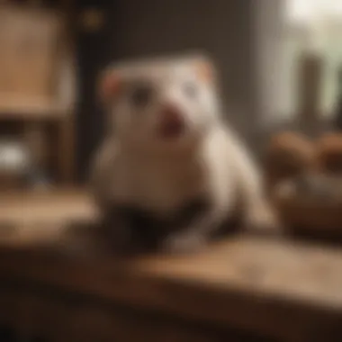 A playful ferret exploring a cozy home environment