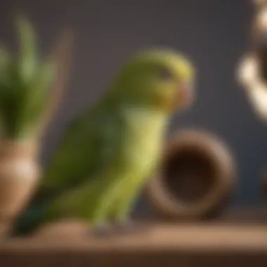 A caring person examining the health of a parakeet in a well-lit environment.