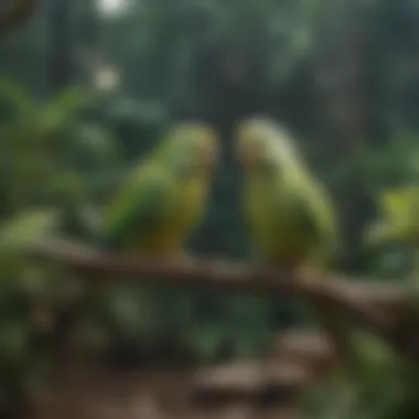 A serene outdoor scene with a parakeet aviary surrounded by greenery.