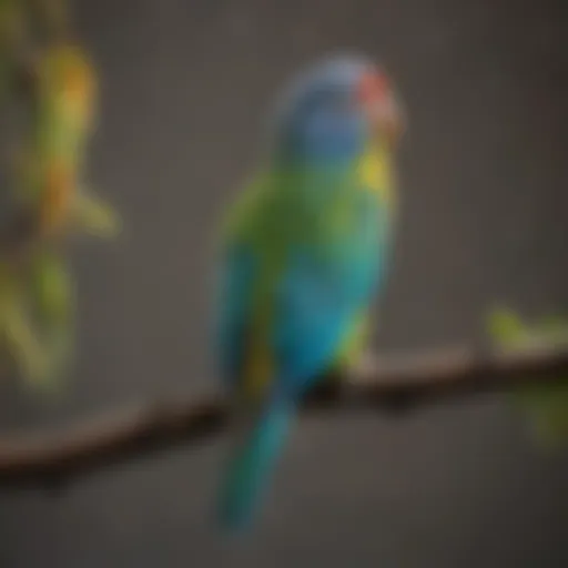 A vibrant parakeet perched on a branch, showcasing its colorful feathers.