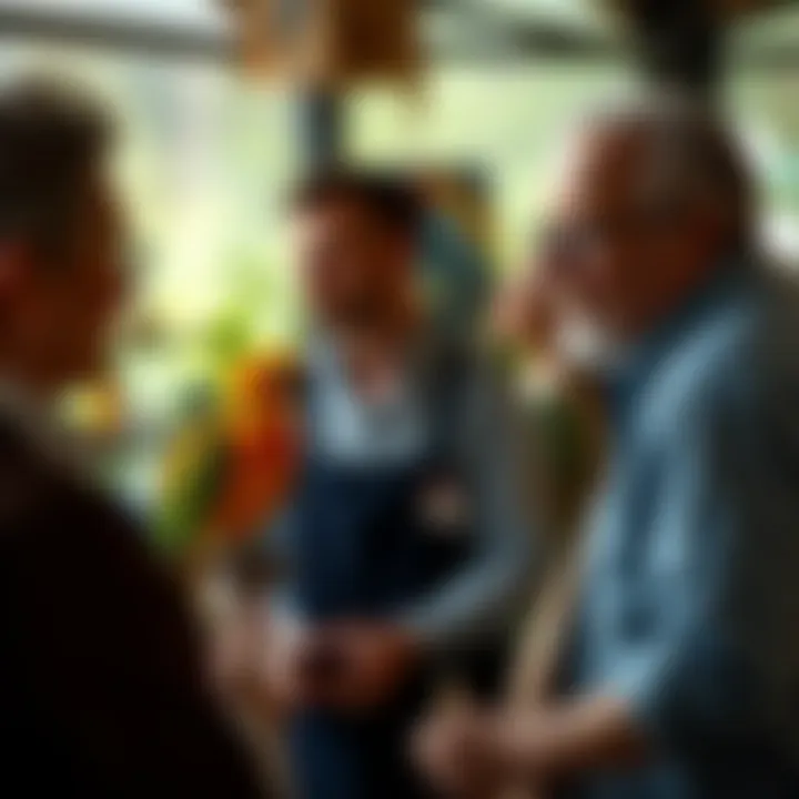 A responsible bird breeder interacting with a customer