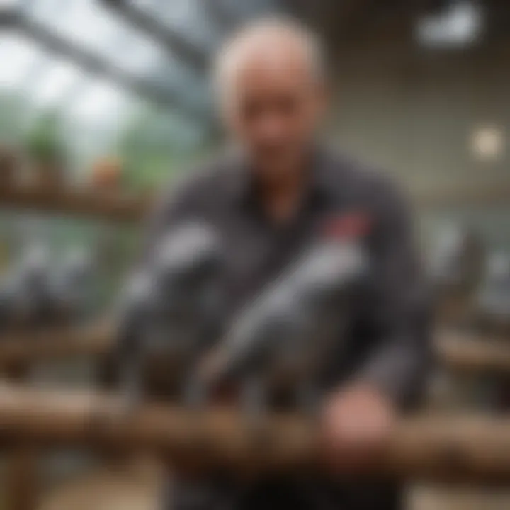 An ethical breeder interacting with African Grey parrots in a spacious aviary.