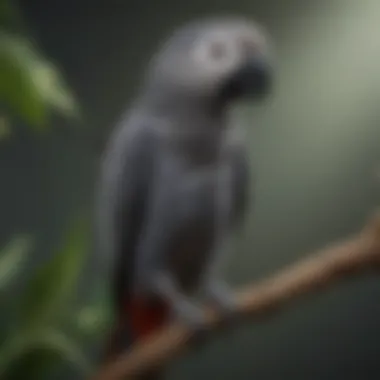 A vibrant African Grey parrot perched on a branch, showcasing its distinctive feathers.