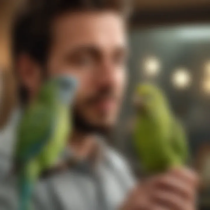 A loving breeder interacting with parakeets