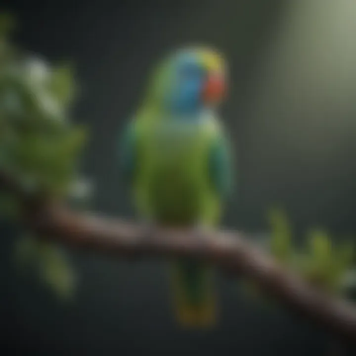 A vibrant parakeet perched on a branch