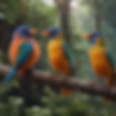 Colorful talking birds perched on a branch in a cozy environment