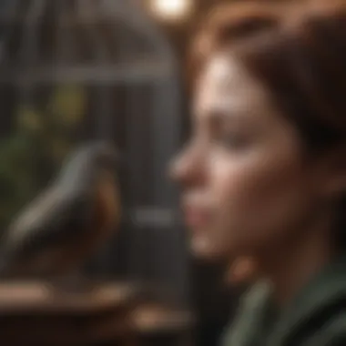 Emotional Ramifications of Bird Ownership A person looking contemplative while observing a bird in a cage.