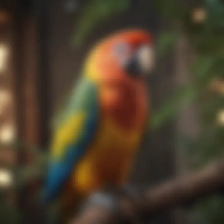 A vibrant parrot perched on a branch with a thoughtful expression.