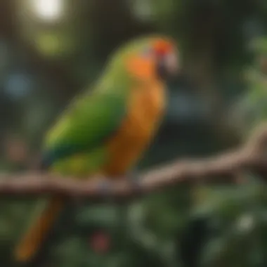 A vibrant parrot perched on a branch, showcasing its natural habitat