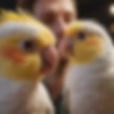 Bonding Moments with Your Cockatiel A close-up of a cockatiel interacting playfully with its owner outside the cage